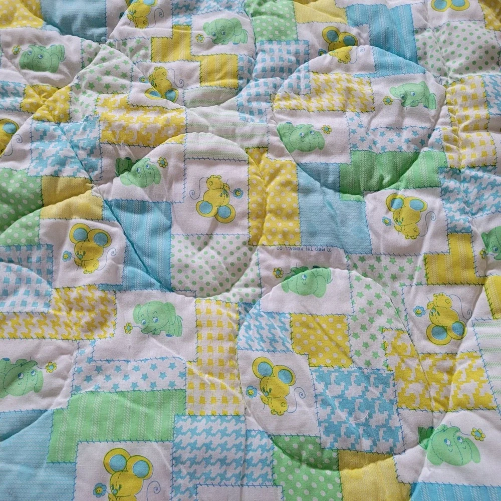 Vintage 1980 Curity Zip-A-Quilt Baby Sleeping Bag Elephant & Mouse Patchwork EUC